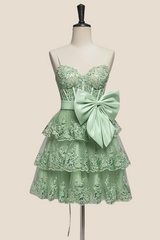 Straps Green Appliques Tiered Short Dress with Bow