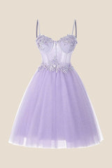 Straps Lavender Appliques Sparkle Tulle Short Dress