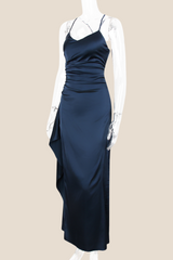 Navy Blue Straps Satin Ruched Long Dress with Slit