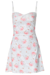 Straps White Floral Print Lace Stitching Short Dress