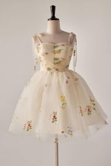 Tie Shoulder Champagne Floral Short Party Dress