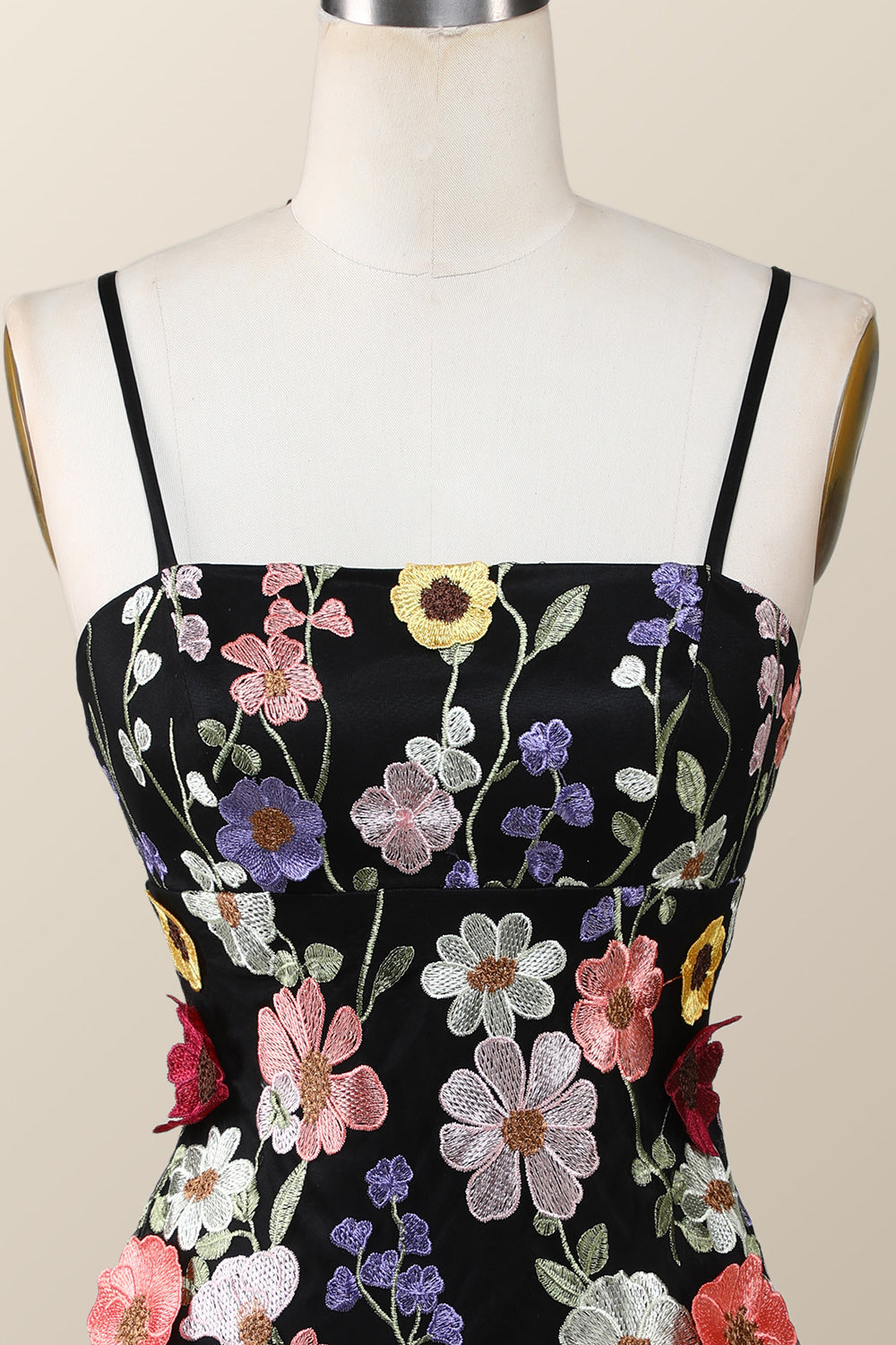 Black Floral Embroidery Tight Mini Dress with Straps