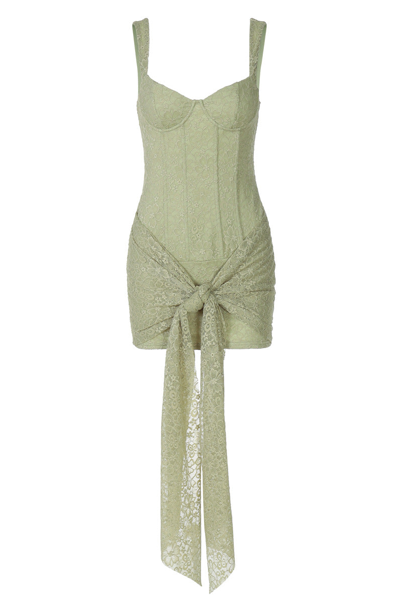 V-neck Green Lace Bodycon Short Dress