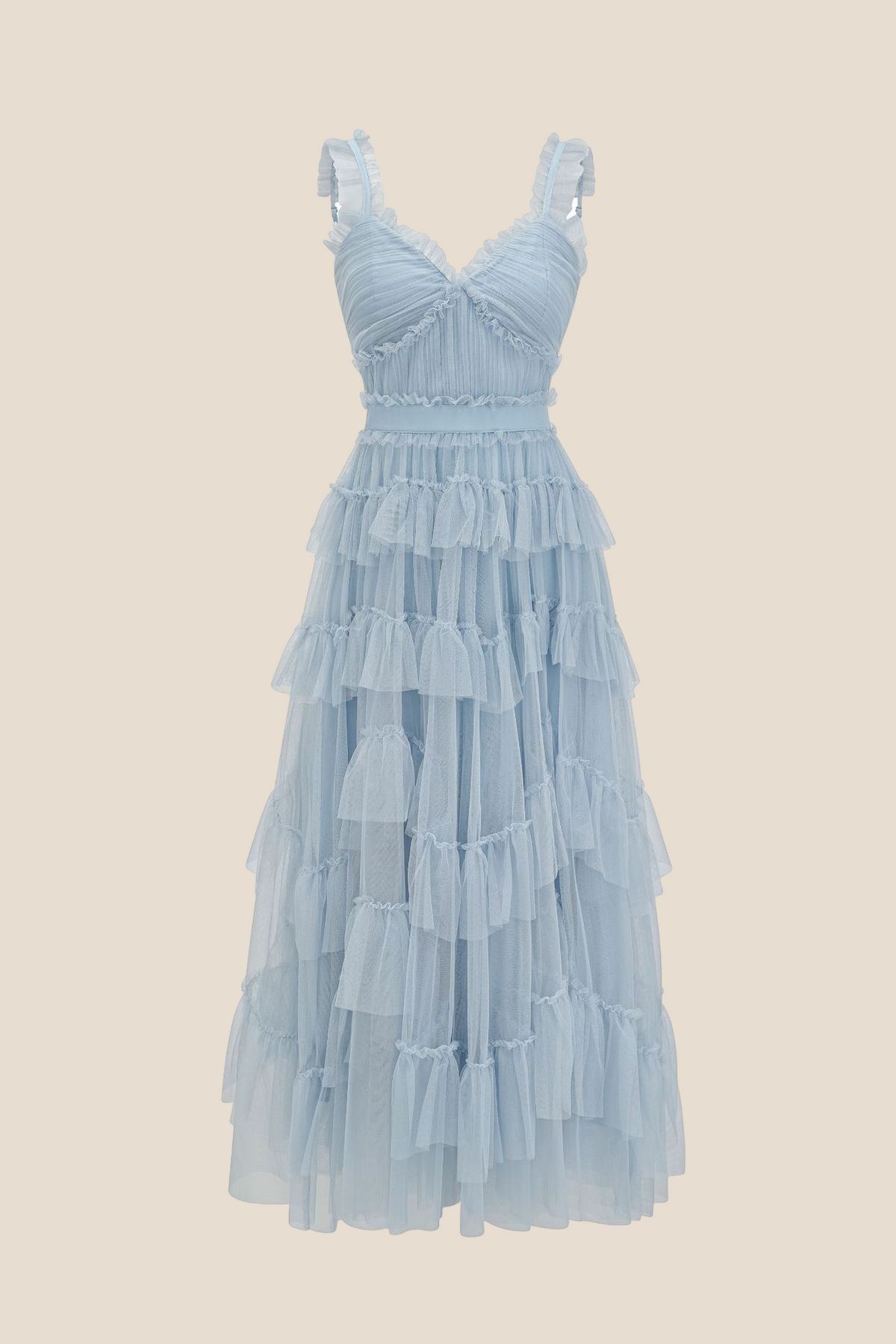 V-neck Blue Ruffle Tiered A-line Long Dress