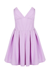 V-neck Lavender Pleated Short Party Dress