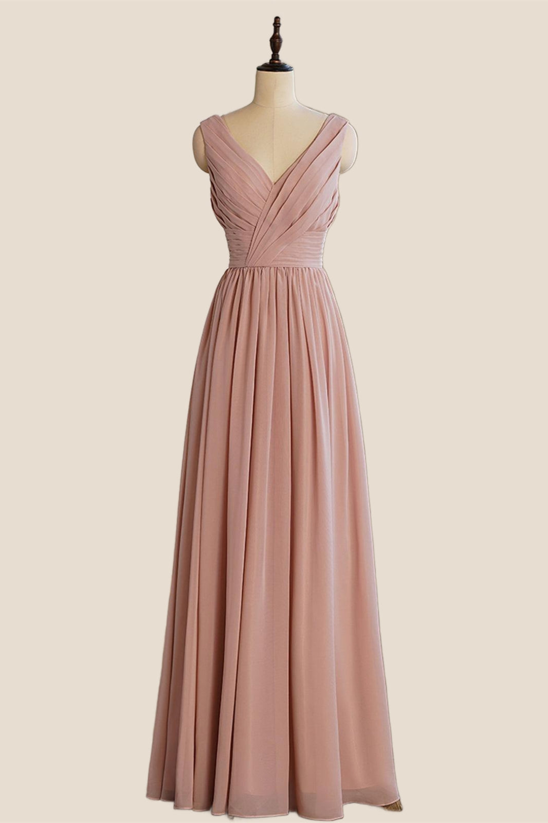 V Neck Blush Pleated A-line Long Dress