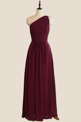 Pleated One Shoulder Bugundy Chiffon Long Bridesmaid Dress