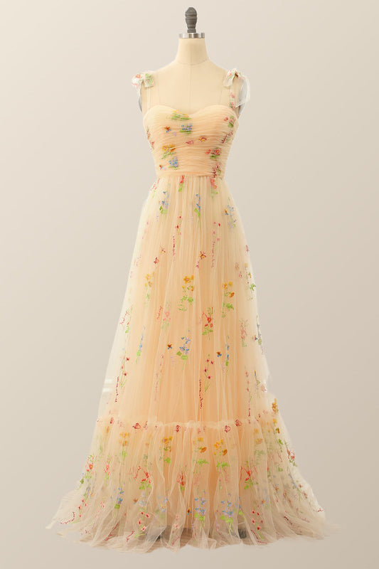 Champagne A-line Embroidered Long Formal Gown
