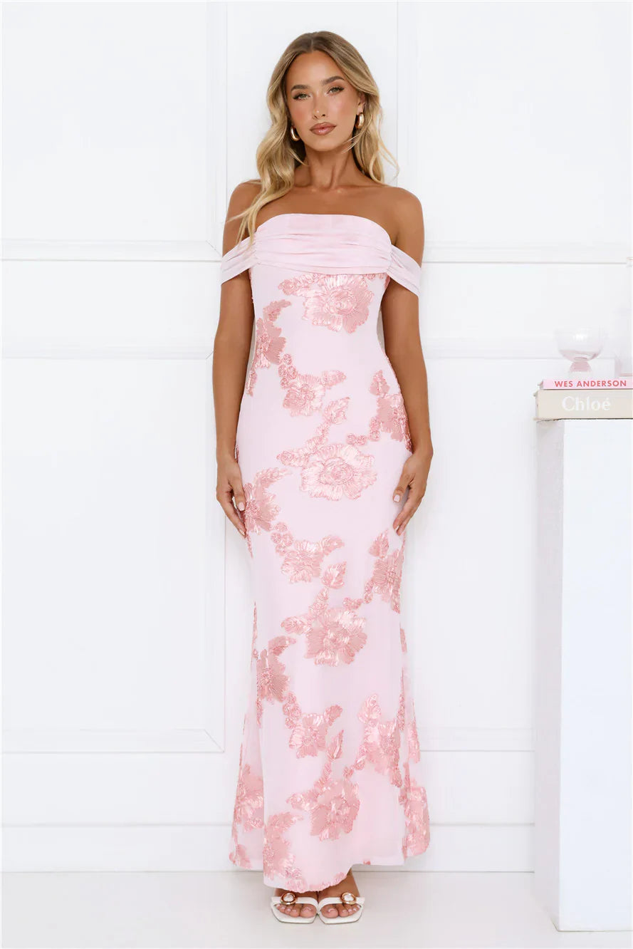 Lush Bloom Embroidered Off Shoulder Maxi Dress Pink
