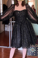 Long Puffy Sleeves Red Stars Mini Gown