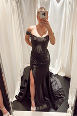 Off the Shoulder Light Blue Satin Mermaid Prom Dress