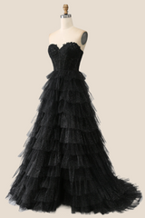 Black Appliques Tulle Tiered Ruffles Long Party Dress