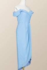 Off the Shoulder Blue Draped Midi Bridesmaid Dress