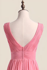 Blush Chiffon Pleated V Neck Long Bridesmaid Dress