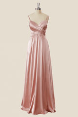 Blush Pink Pleated Satin A-line Long Bridesmaid Dress