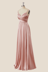 Blush Pink Pleated Satin A-line Long Bridesmaid Dress