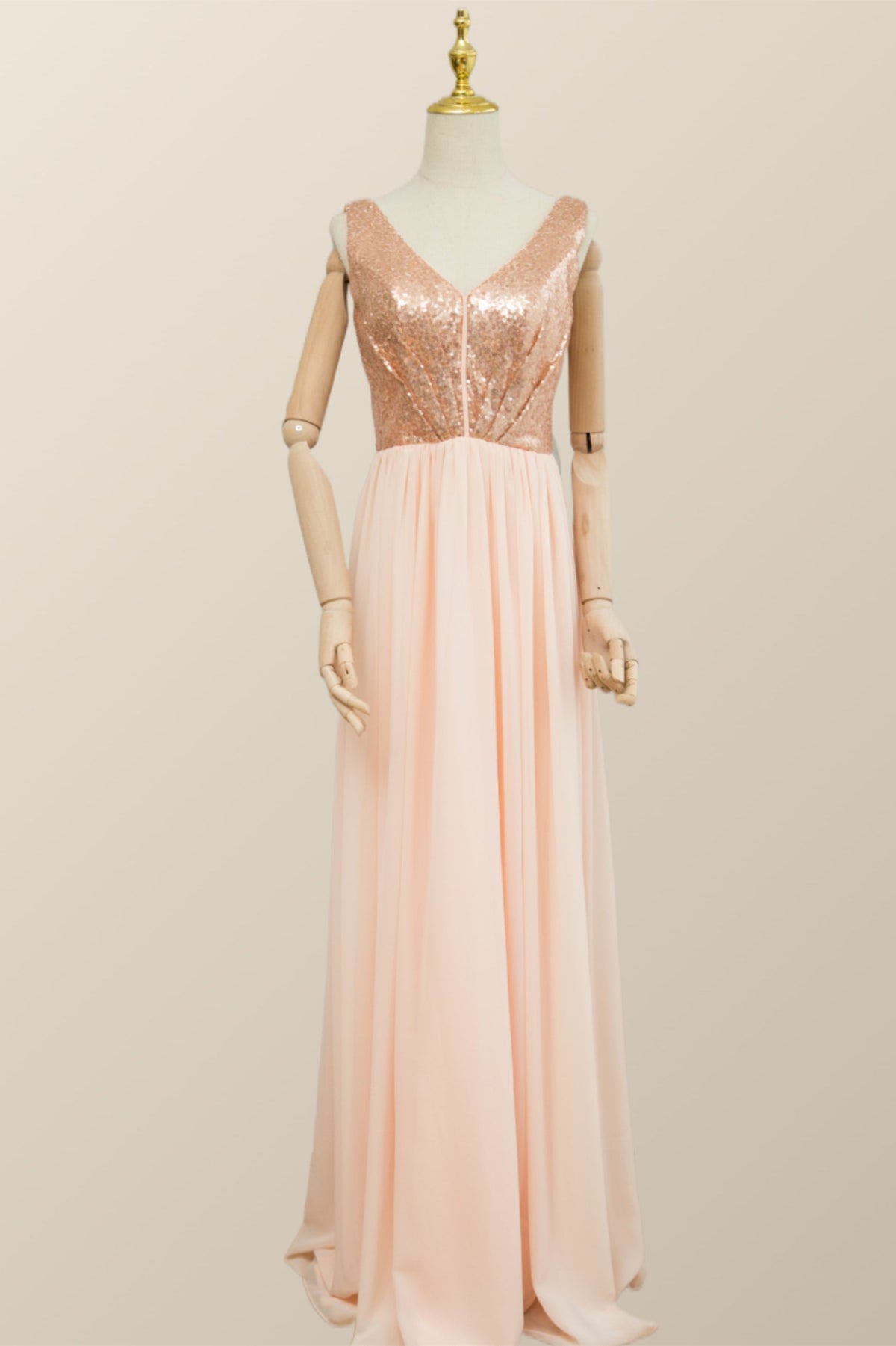 V Neck Rose Gold Sequin and Chiffon Long Bridesmaid Dress