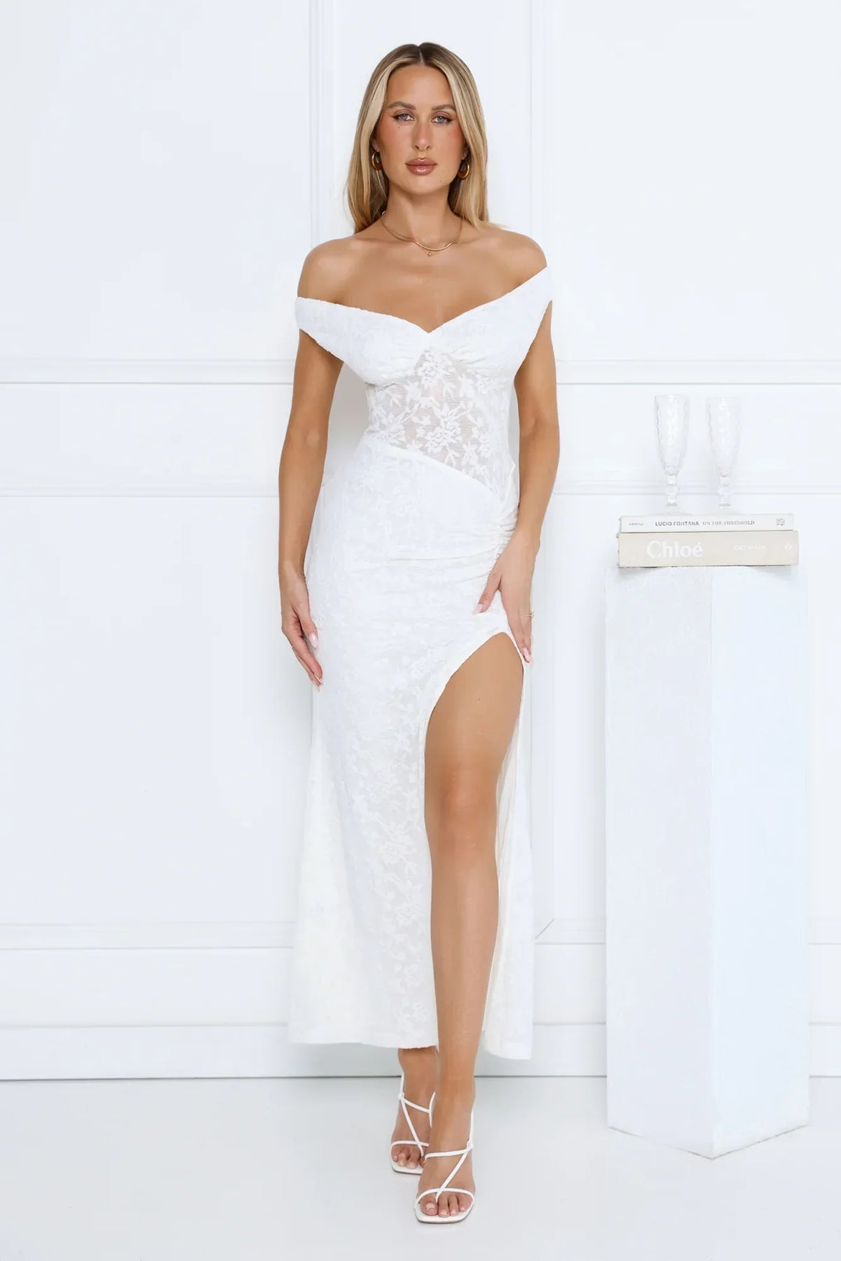 Ivory Veil Off Shoulder Lace Maxi Dress White