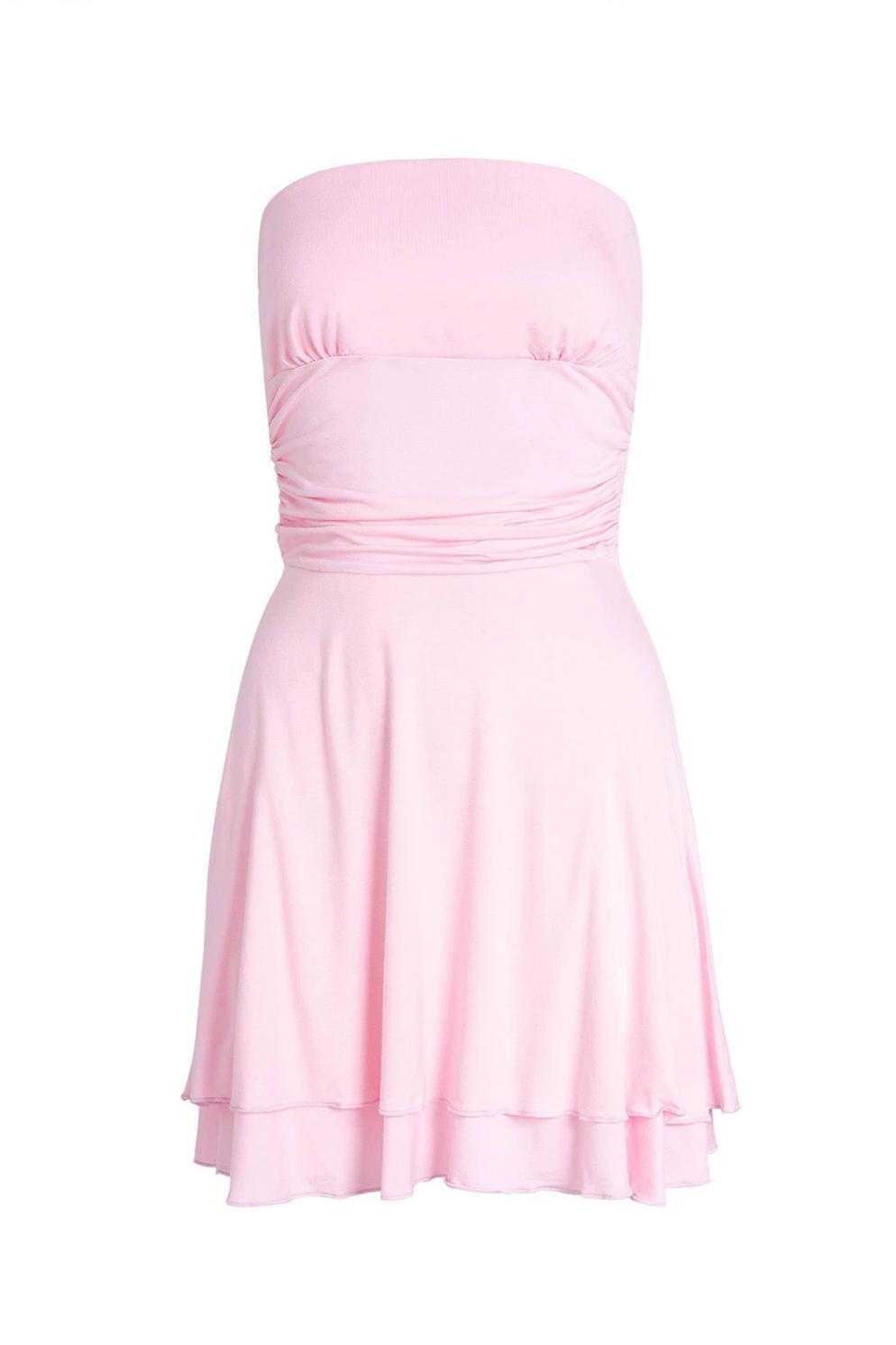Strapless Pink Ruffle Ruched Short Dress
