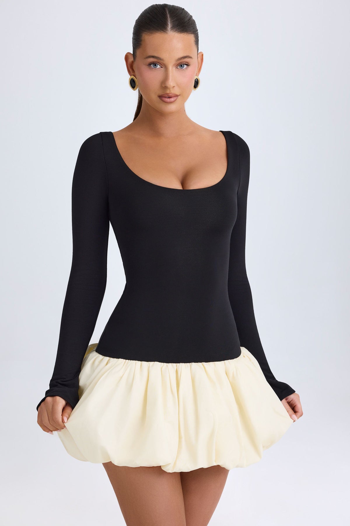 Modal Scoop-Neck Drop-Waist Bubble Hem Mini Dress in Vanilla