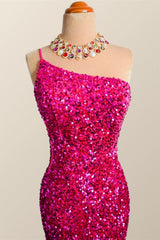 One Shoulder Fuchsia Sequin Mermaid Long Party Dress