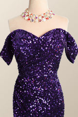 Off the Shoulder Purple Velvet Sequin Mermaid Party Dress