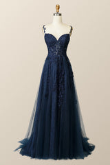 Navy Blue Lace Appliques A-line Long Formal Gown
