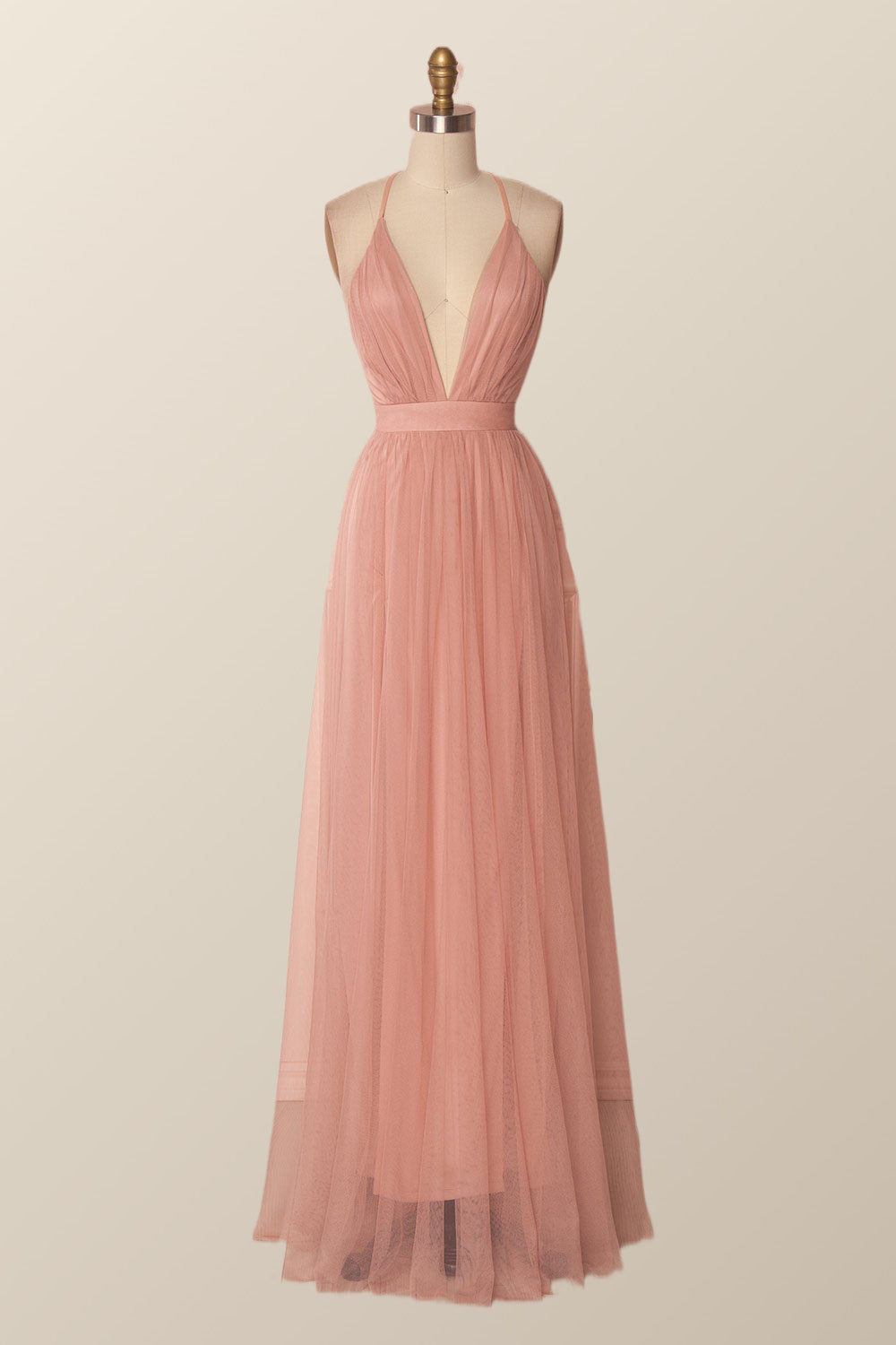 Plunge Pink Tulle A-line Long Formal Dresss