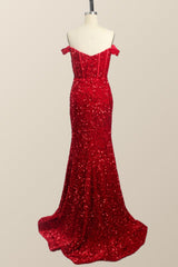 Off the Shoulder Dark Green Sequin Mermaid Prom Dress