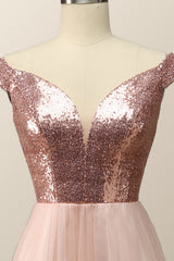 Off the Shoulder Rose Gols Sequin and Tulle Long Party Dress