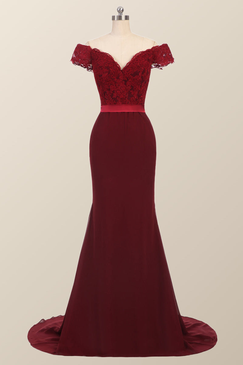 Off the Shoulder Burgundy Mermaid Long Formal Dress