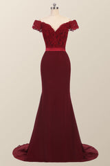 Off the Shoulder Burgundy Mermaid Long Formal Dress