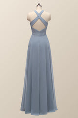 Halter Misty Blue Chiffon A-line Long Bridesmaid Dress