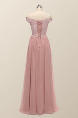 Off the Shoulder Blush Pink Lace and Chiffon Bridesmaid Dress