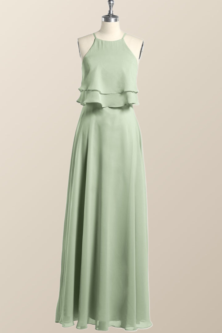 Sage Green Chiffon Ruffles Chiffon Long Bridesmaid Dress