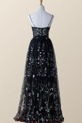 Black Floral V Neck Long Formal Dress