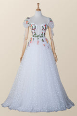 White Floral Corset Cap Sleeves Long Formal Gown