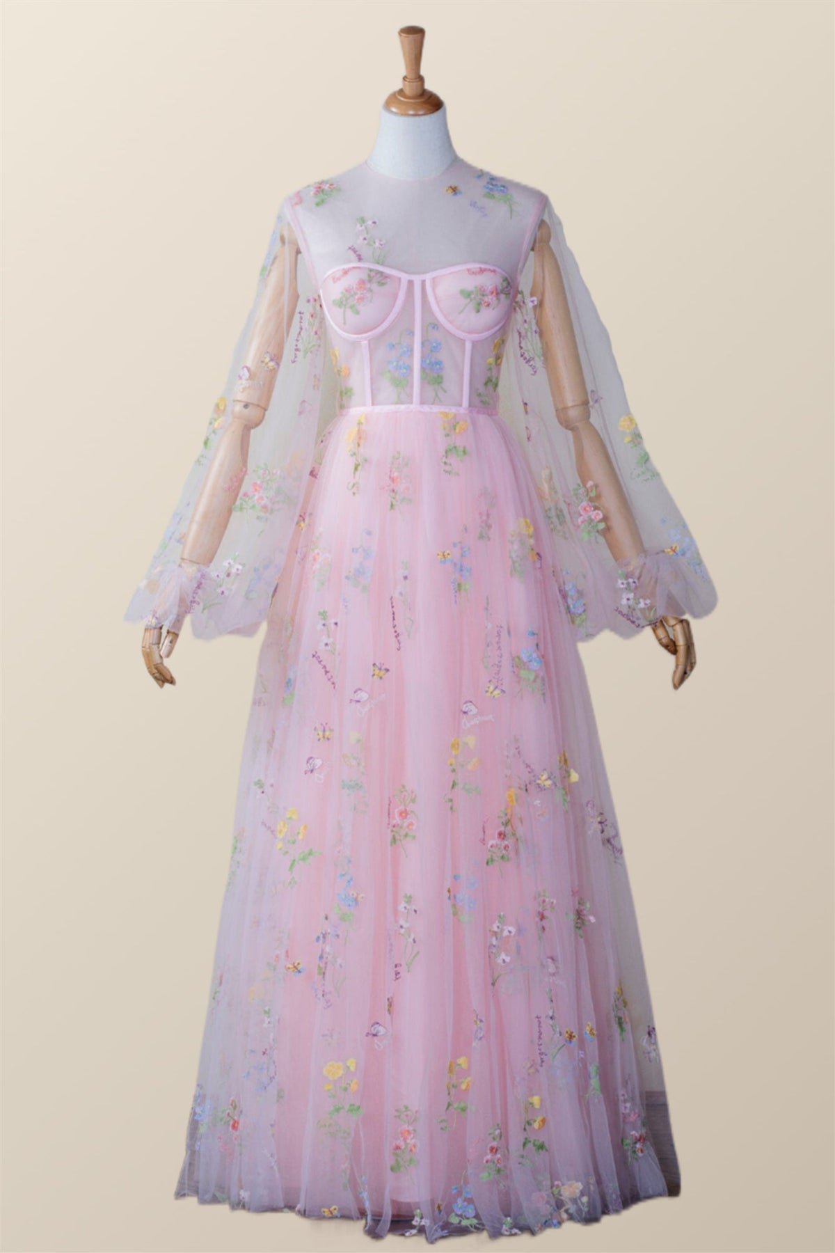 Scoop Pink Floral Tulle Ankle Length Dress