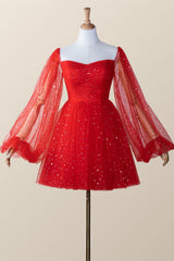 Long Puffy Sleeves Red Stars Mini Gown
