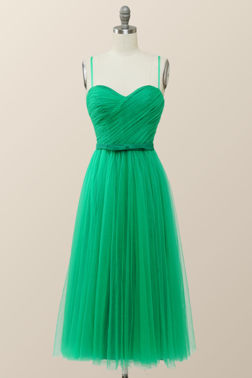 Spaghetti Straps Green Tulle Midi Dress