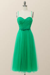 Spaghetti Straps Green Tulle Midi Dress
