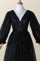Long Sleeves Black Starry Tulle Midi Dress