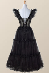 Black Tulle Ruffle Corset Tea Length Dress