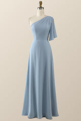 One Shoulder Blush Pink Chiffon Long Bridesmaid Dress