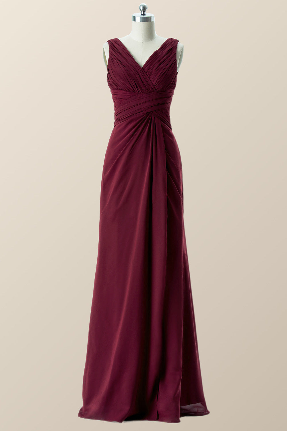 Pleated Burgundy Chiffon Long Bridesmaid Dress