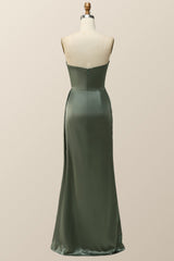 Moss Green Satin Strapless Long Bridesmaid Dress