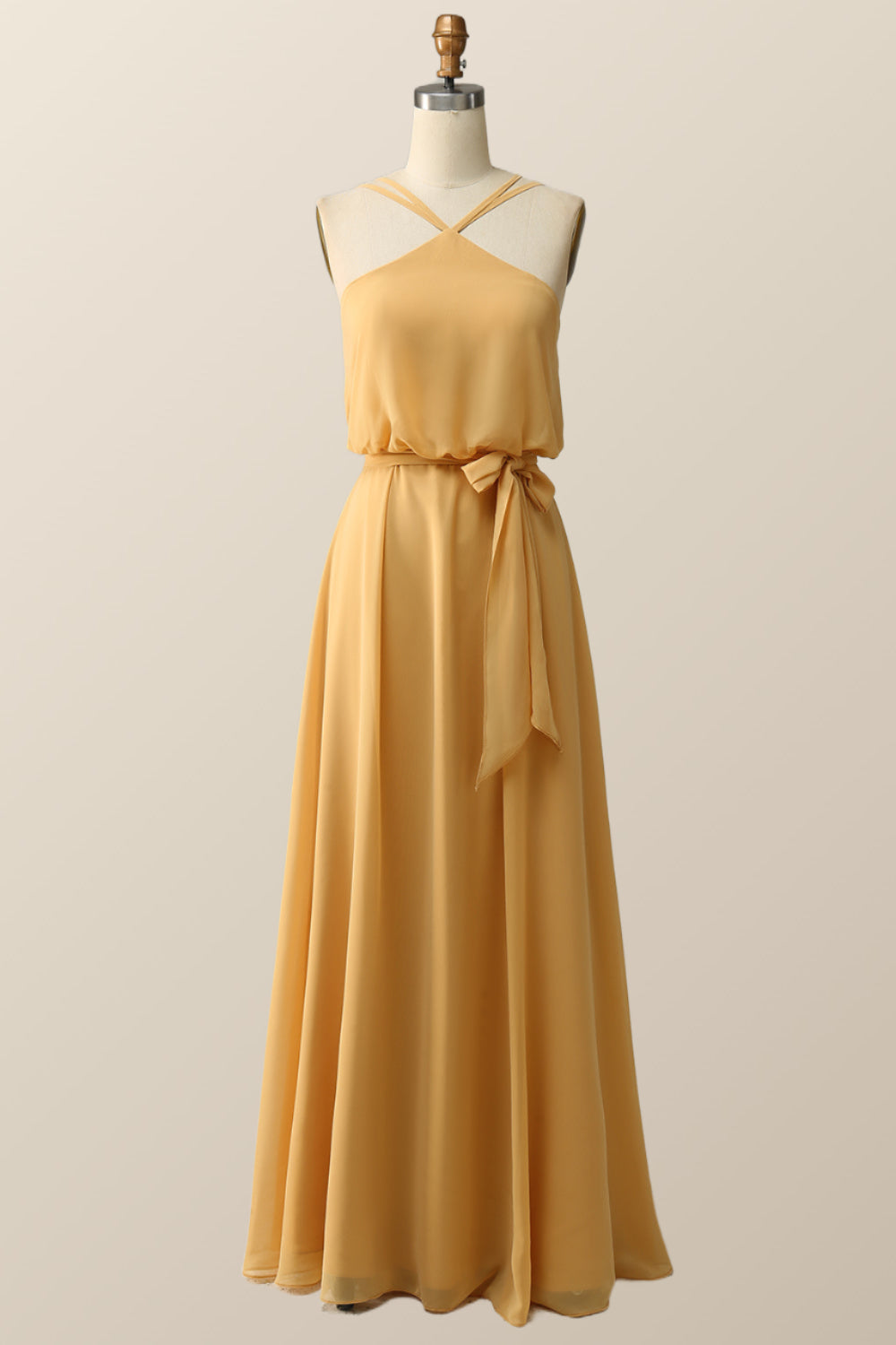 Halter Straps Purple Chiffon Long Bridesmaid Dress