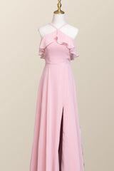 Pink Chiffon Ruffle Halter A-line Long Bridesmaid Dress