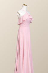 Pink Chiffon Ruffle Halter A-line Long Bridesmaid Dress