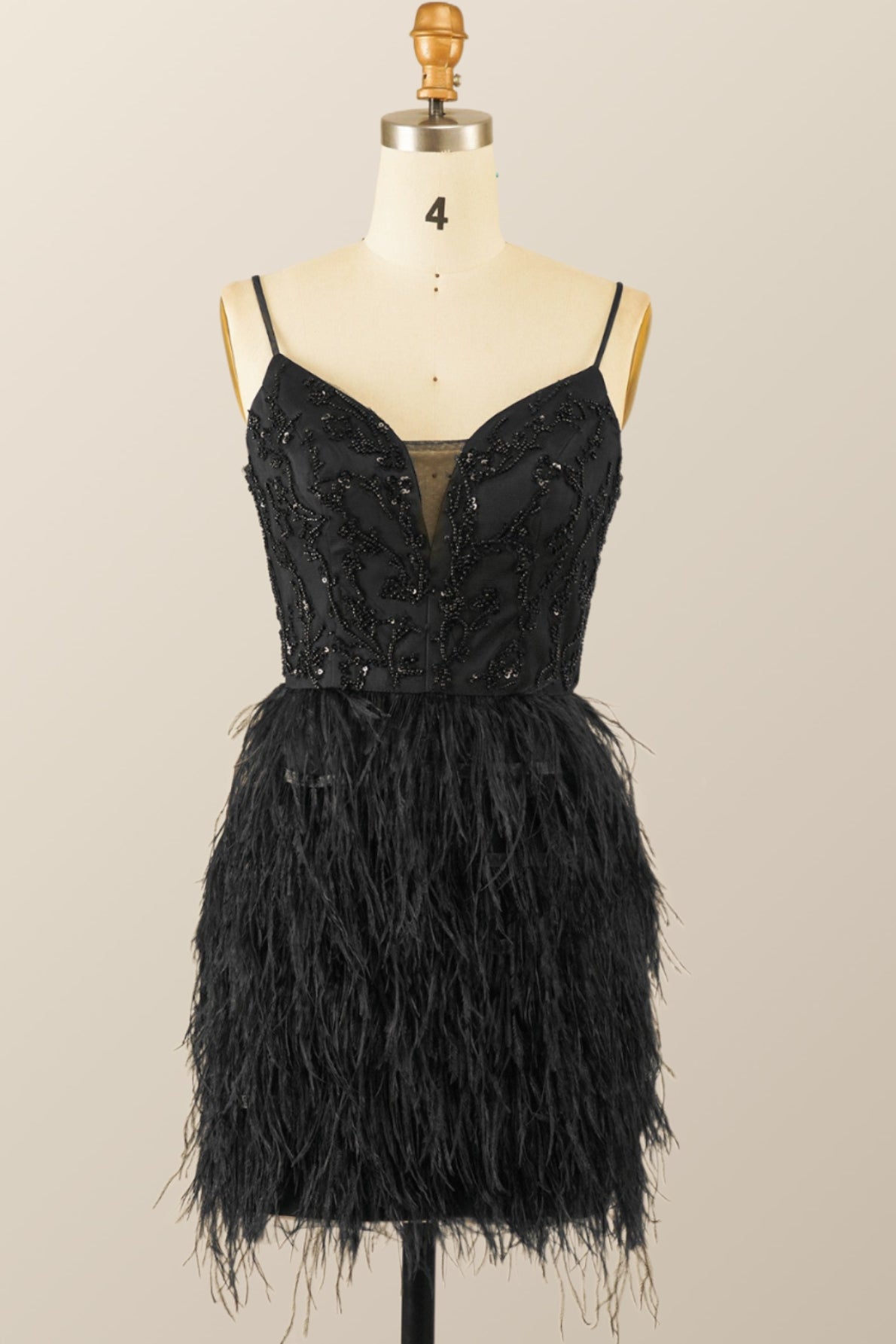 Straps Black Beaded Feather Mini Dress